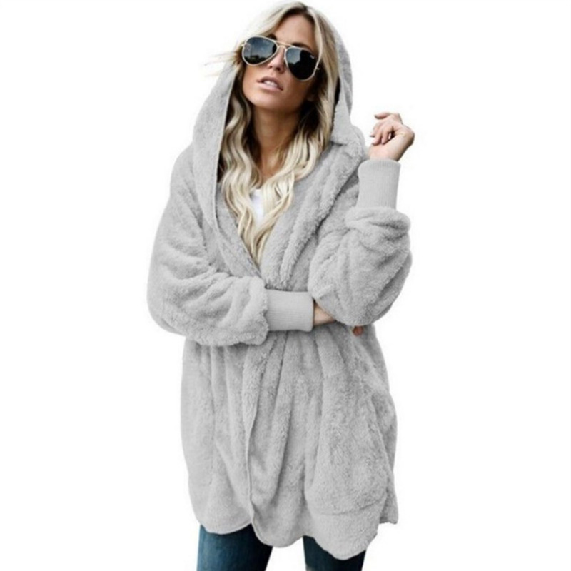 NUWFOR Womens Casual Zip Down Fuzzy Fleece Hooded Jacket Fluffy Coat Cardigans Outwear for Winter/Autumn White