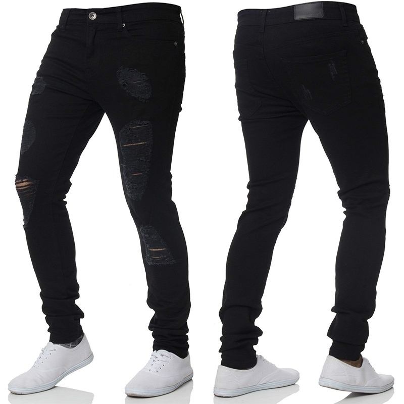Men Stretchy Destroyed Jeans Ripped Skinny Denim Pants Slim Distressed Trousers.