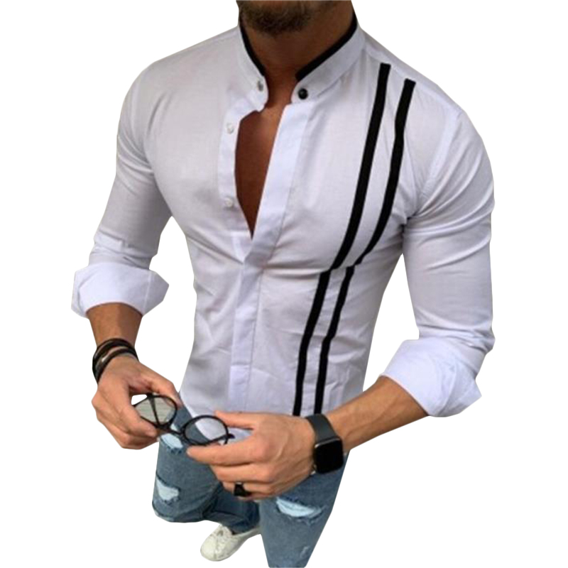 Men s Shirt Stand Up Collar Grandad Shirt Smart Casual Long Sleeve