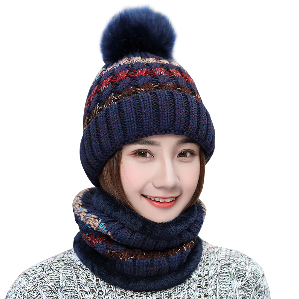 Vincenza Women Winter Knitted Thick Pom Pom Hat Cap and Scarf Set