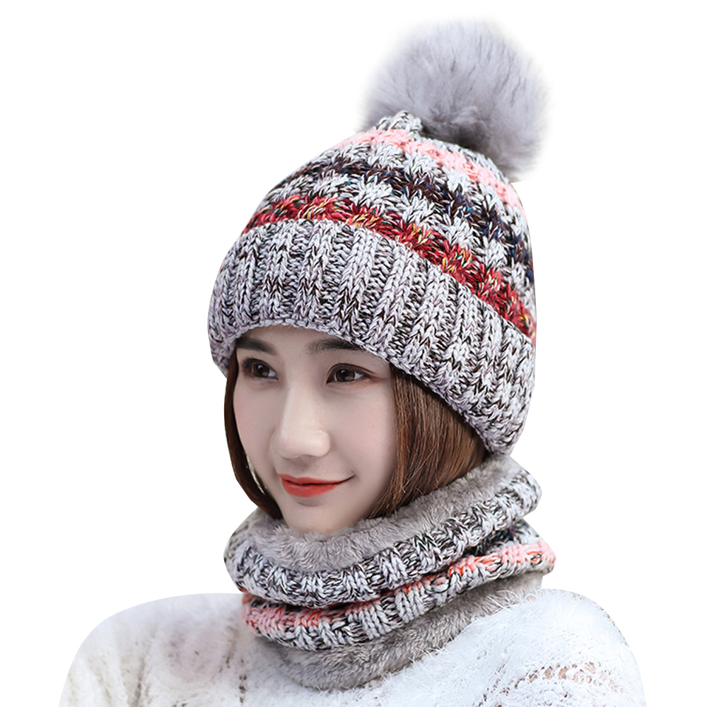 Vincenza Women Winter Knitted Thick Pom Pom Hat Cap and Scarf Set