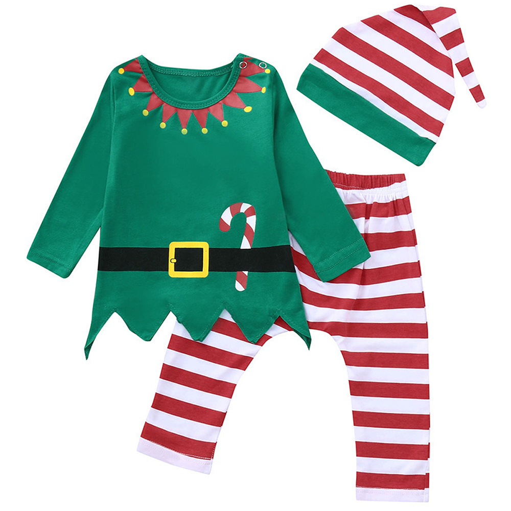 3Pcs Newborn Infant Baby Boy Girl Romper Pants Hat Christmas Elf Outfits Clothes 