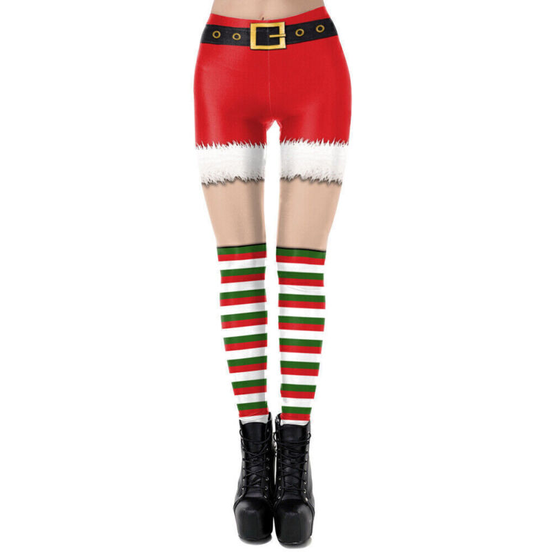 Womens Christmas Xmas 3D Santa Elf Leggings Yoga Fitness Bottoms