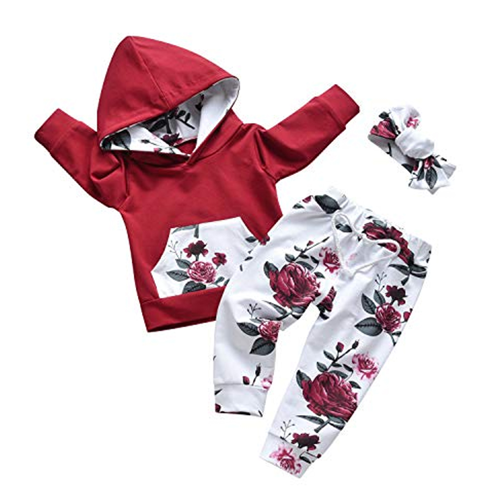 thumbnail 7 - Newborn Baby Outfit Clothes Floral Hooded Pullover + Novelty Pant + Headband Set