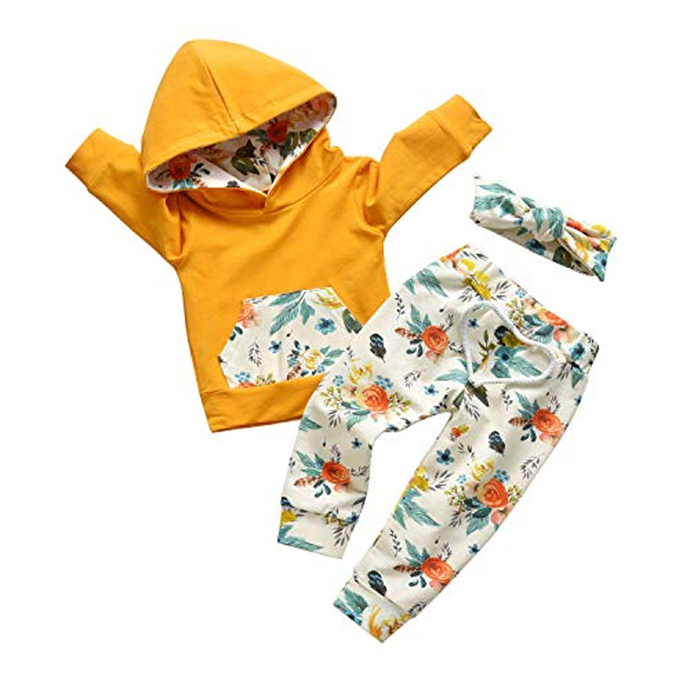 thumbnail 6 - Newborn Baby Outfit Clothes Floral Hooded Pullover + Novelty Pant + Headband Set
