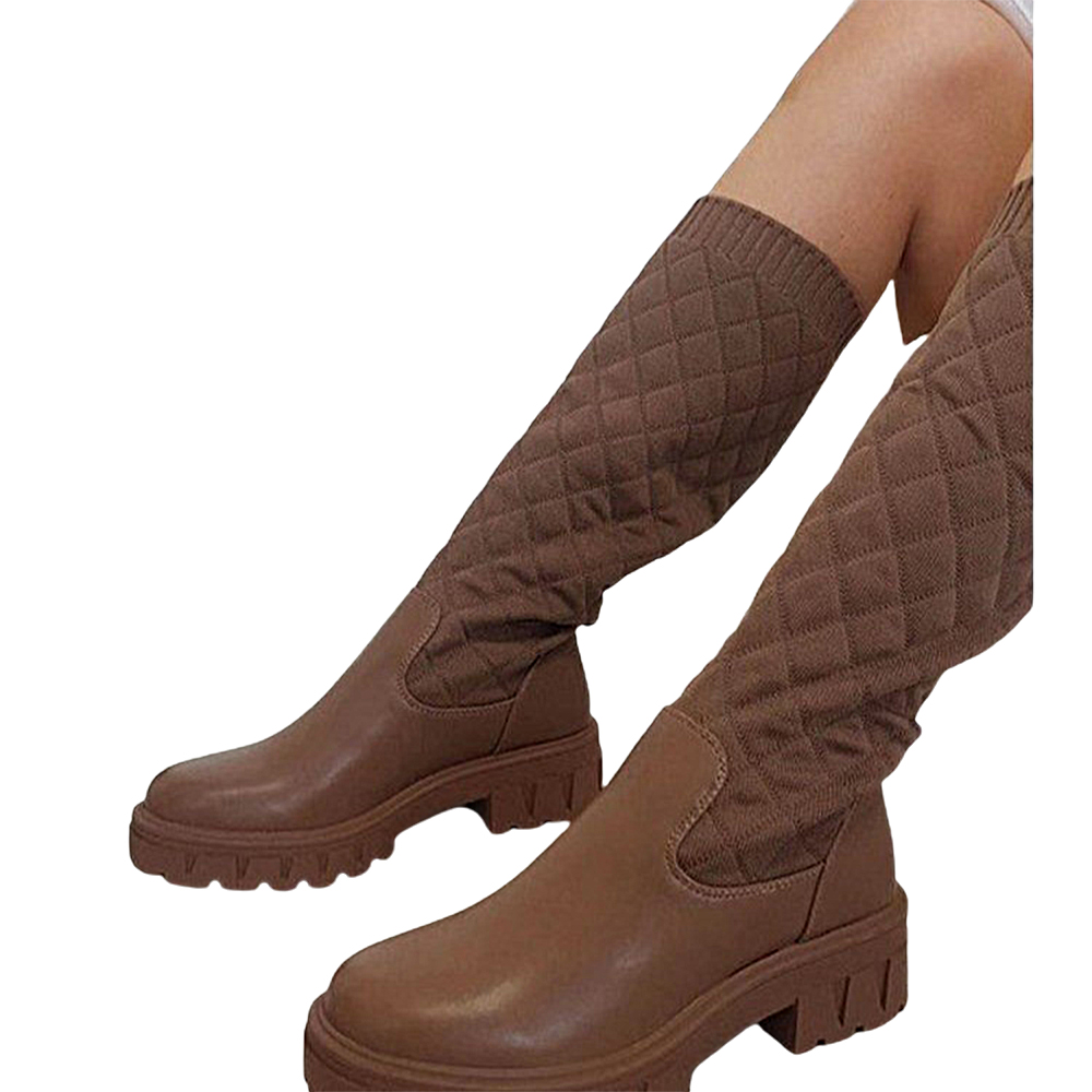 Women's Platform Block Heel Round Toe Mid-Pipe Boots Warm Comfort Pull On  Shoes