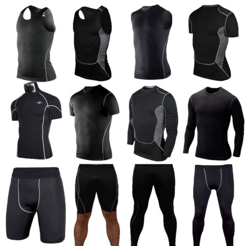 Mens Black Under Base Layer Sport T-Shirt Vest/Pants/ Thermal Sports Tight Shirt 