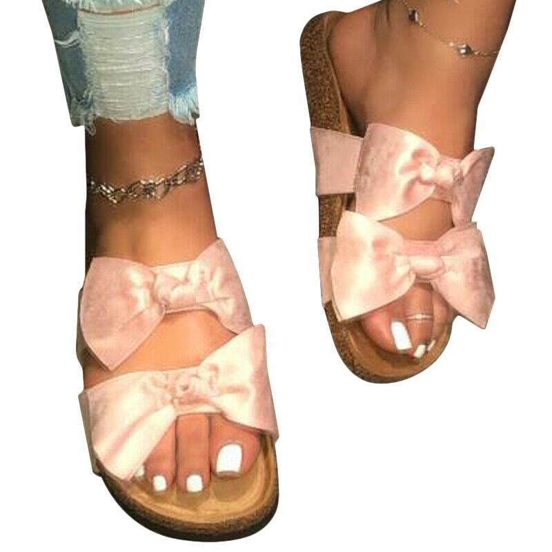 Women Bowknot Slip On Slippers Sliders Ladies Summer Platform Flat Sandals Shoes 