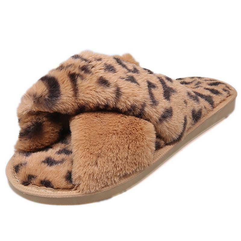 Womens Plush Slippers Leopard Flip Flops Sliders Shoes Furry Flatform Sandals 