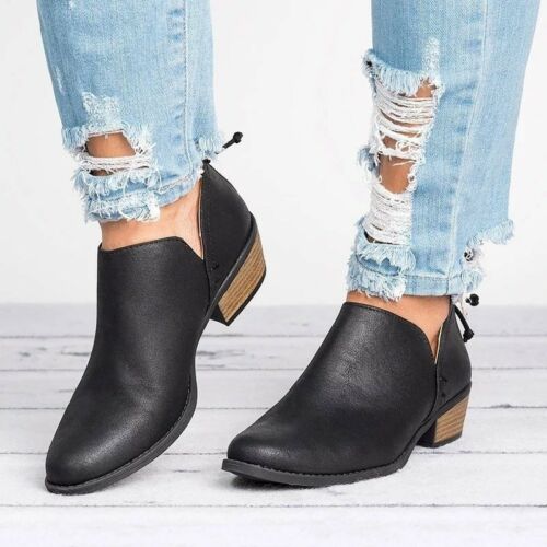 Ladies Women Retro Low Block Heels Ankle Boots Casual Leather Slip On Shoes Size 