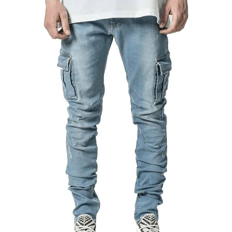 Herren Cargo Jeans Hose Slim Röhrenjeans Taschen Freizeit Denim Jeanshose Mode 