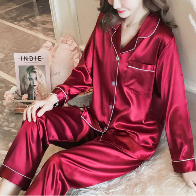 Damen Satin Pyjama Anzug Set Nachtwäsche Schlafanzug Negligee Zweiteilig DE 