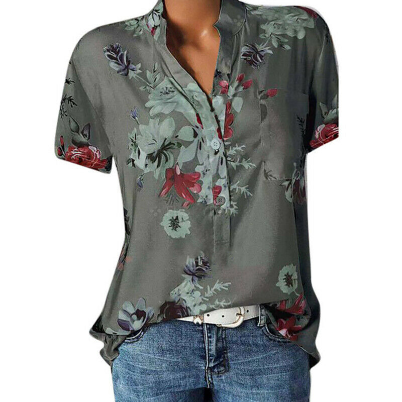 Damen Sommer V-Ausschnitt Kurzarmshirt T-Shirt Freizeit Tops Hemd Bluse Shirts