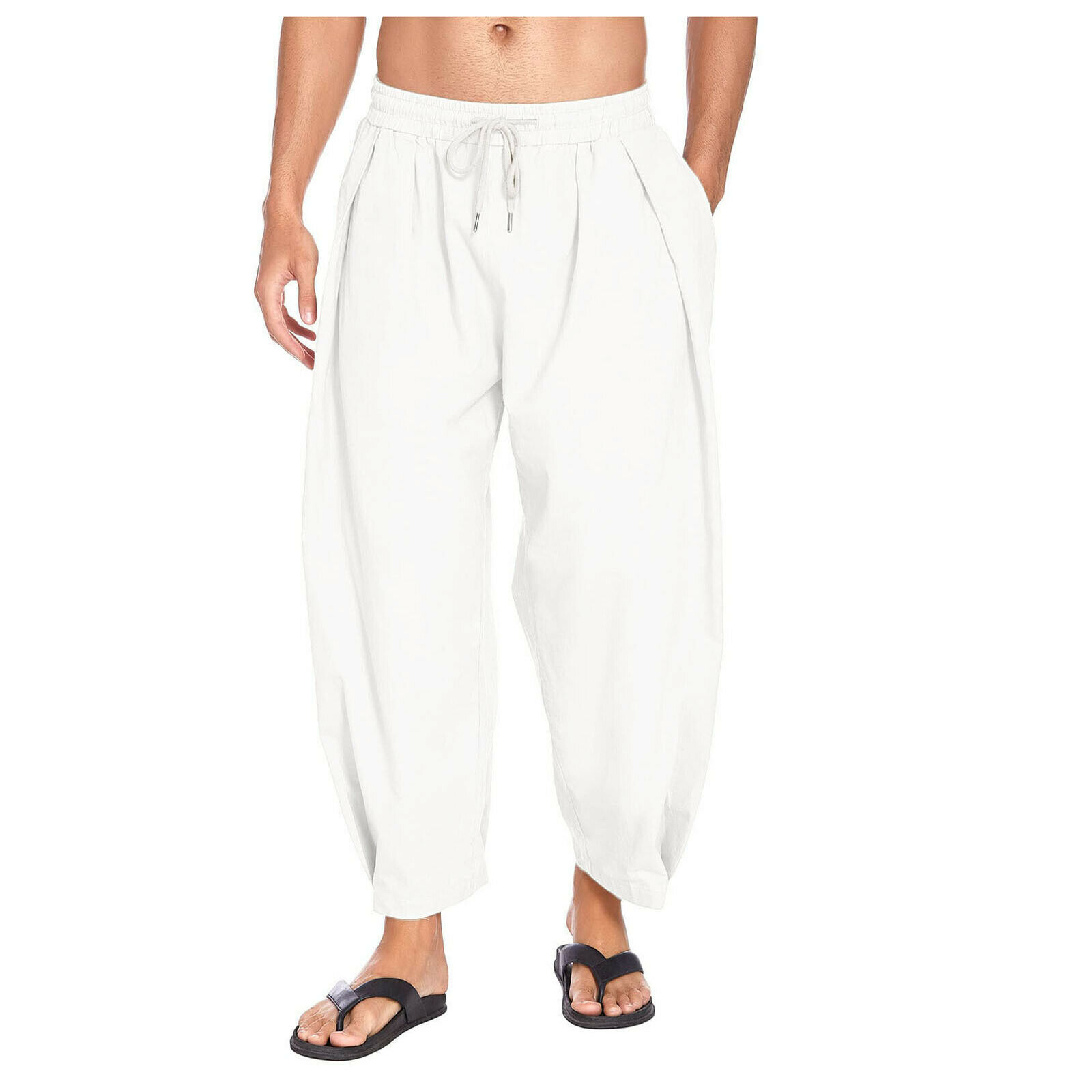 WUAI-Men Wide Leg Lightweight Loose Yoga Pants Elastic Waist Lounge Pajama Joggers Harem Pants 
