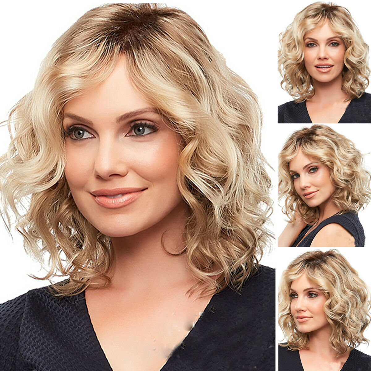 Ombre Blonde Brown Bob Style Curly Synthetic Wig for Women Short/Long ...