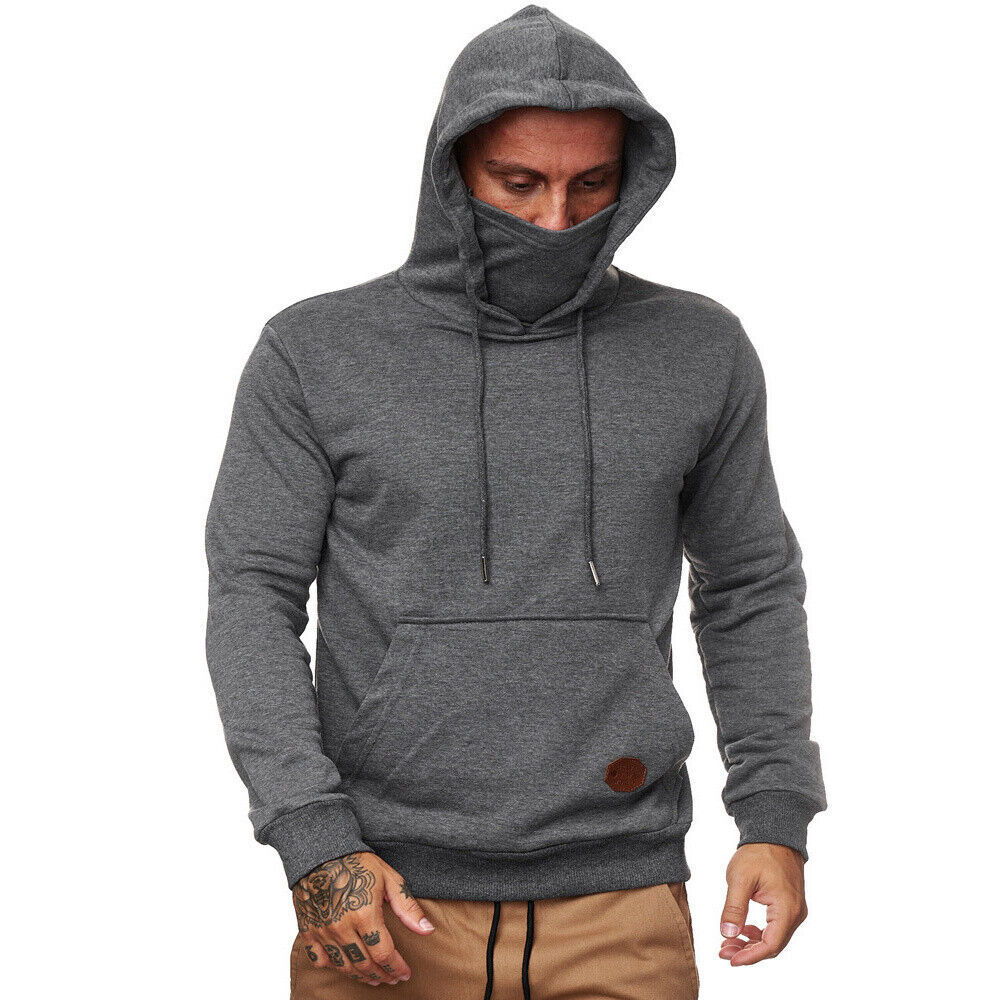 Ziek persoon koken licentie Mens Plain Pullover Hoodie With Face Mask Casual Hooded Sweatshirt Sweater  Tops | eBay