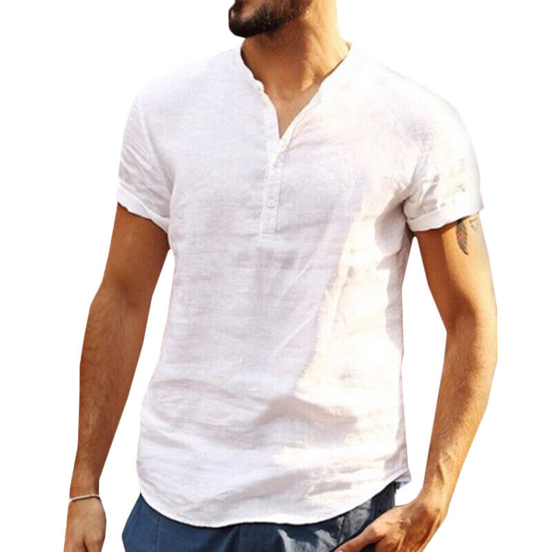 UK Mens Grandad Shirts Henley Tops Short Sleeve Tee Summer Casual ...