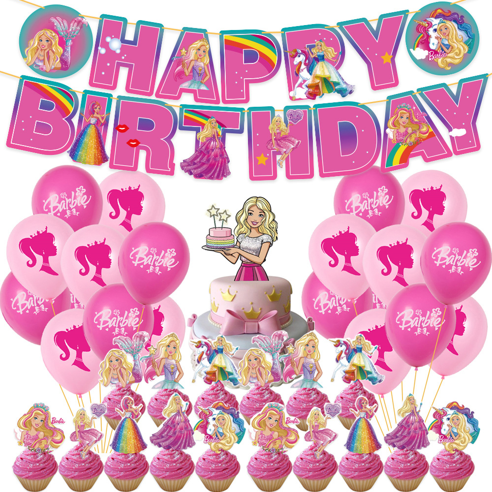 Barbie Theme Girl Birthday Party Supplies Balloon Cake Toppers Banner Decor  Set_