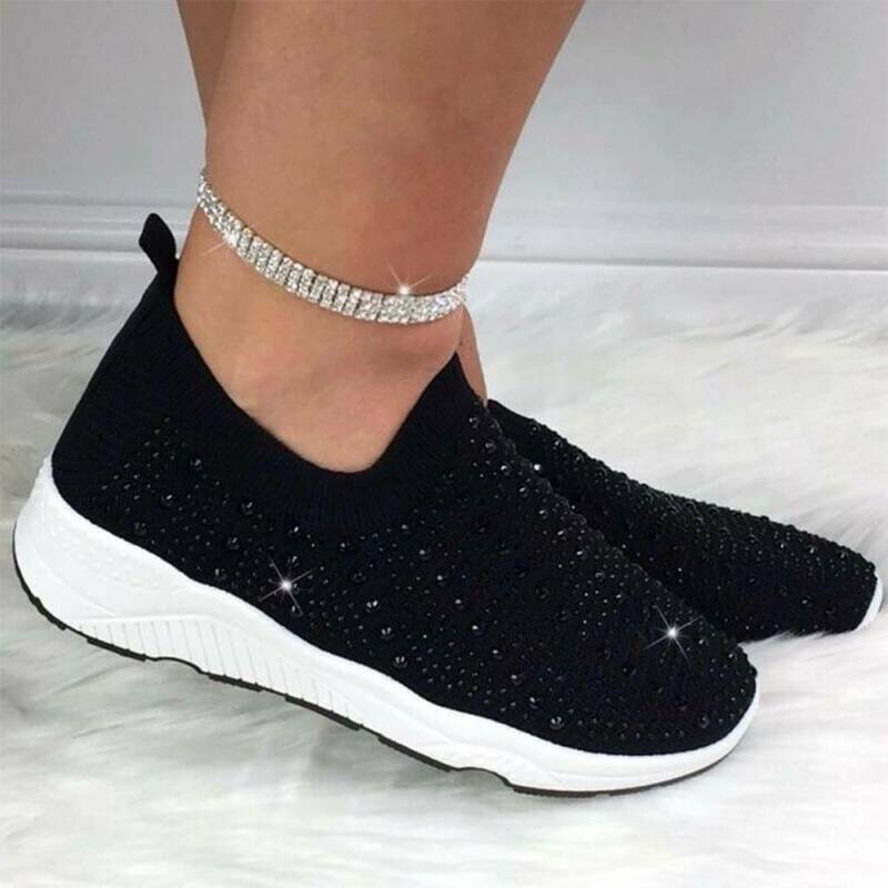 Women's Slip On Rhinestone Casual Trainers Sport Gym Tennis Sneakers Shoes  Size