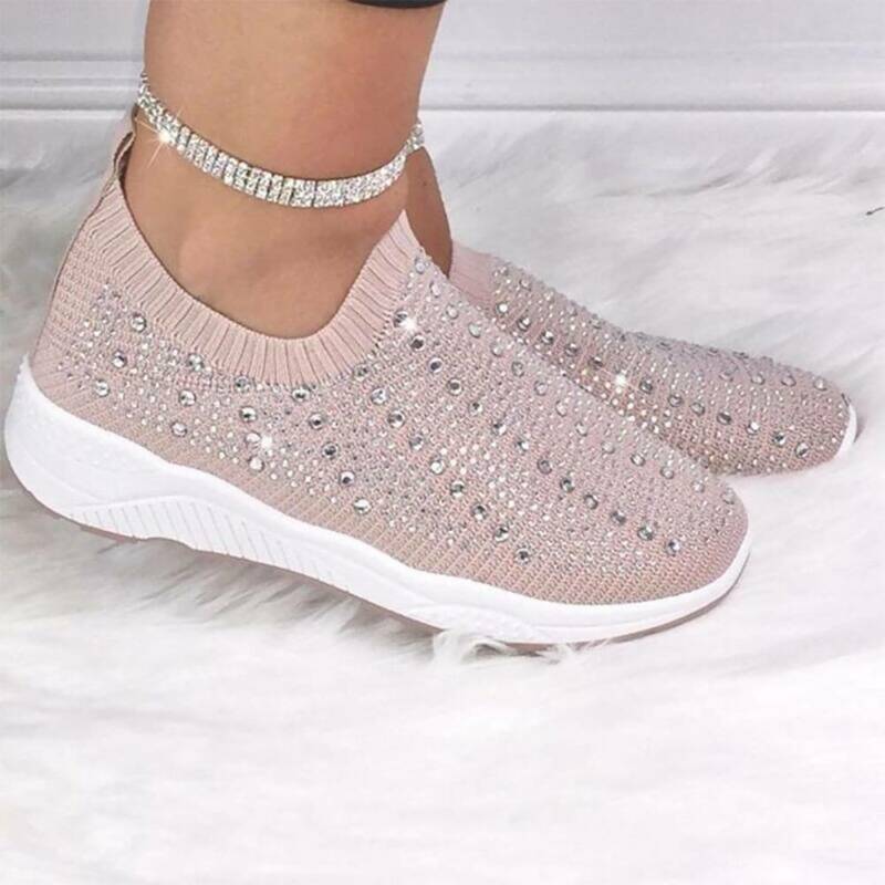 Women's Slip On Rhinestone Casual Trainers Sport Gym Tennis Sneakers Shoes  Size