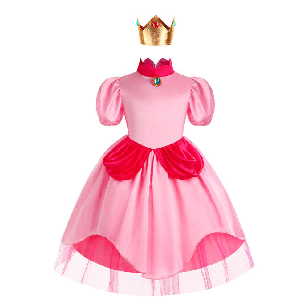 Super Mario Bro Peach Princess Dress Kids Girls Cosplay Costume Carnival  Party