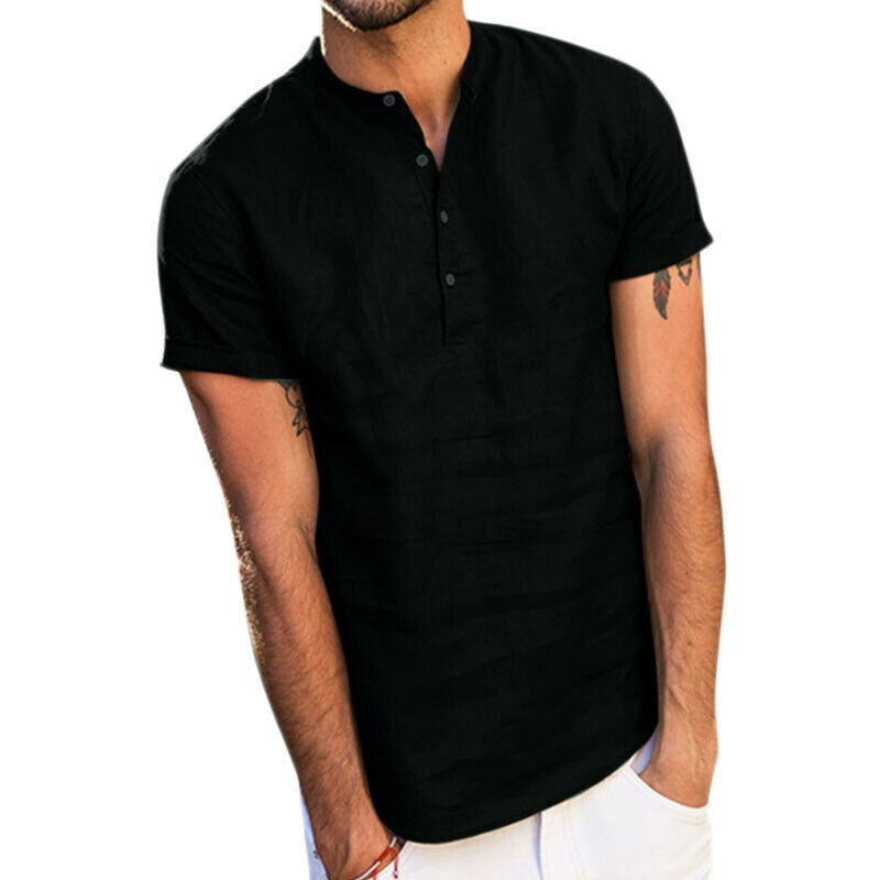 Henley T-Shirt! Men's Casual Cotton Linen Shirts Short-Sleeve Summer ...