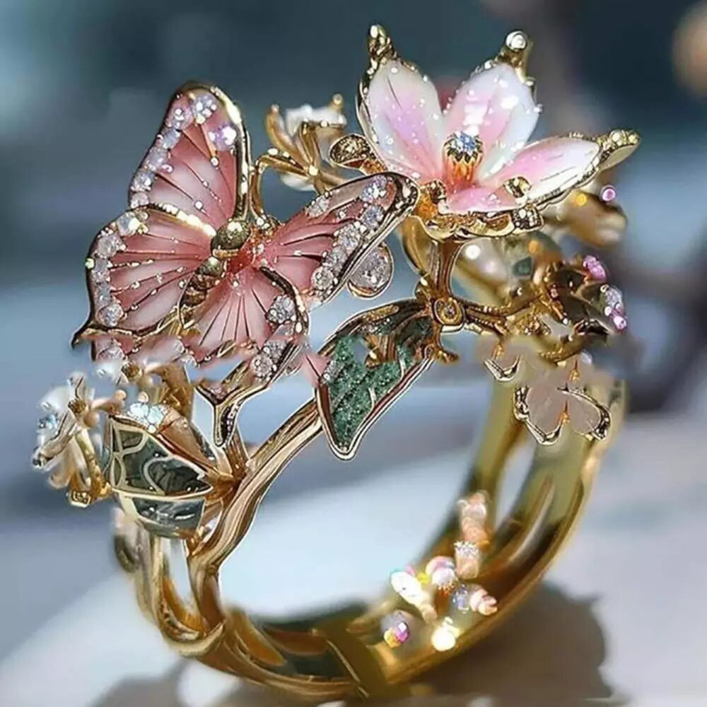 фGlitter Bling Rhinestone Butterfly Flower Ring Pink Vintage LookGifts for Women - Picture 8 of 10