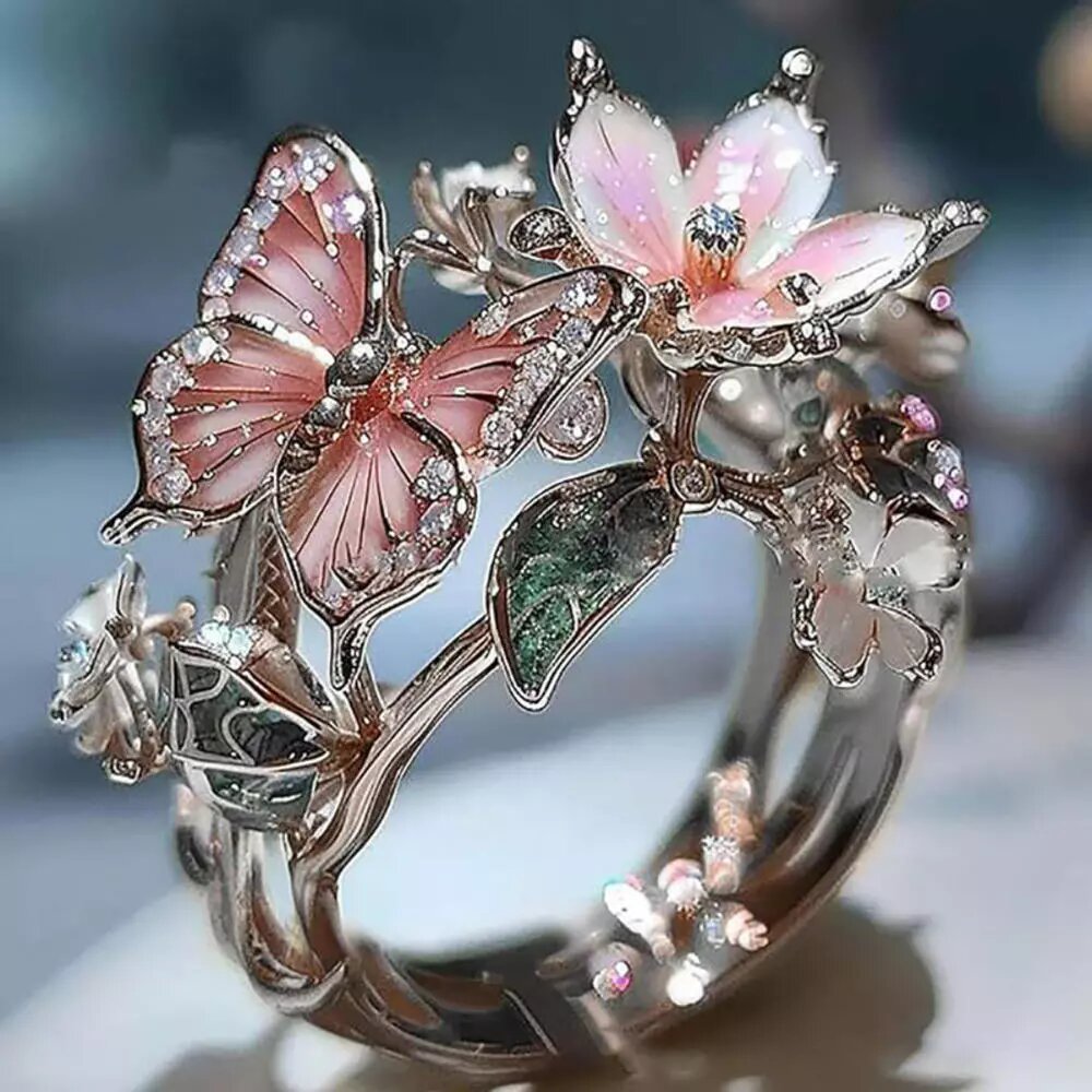 фGlitter Bling Rhinestone Butterfly Flower Ring Pink Vintage LookGifts for Women - Picture 9 of 10