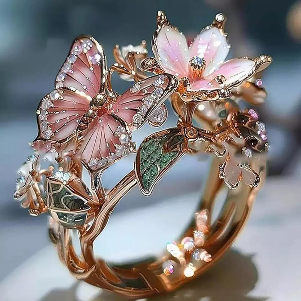 фGlitter Bling Rhinestone Butterfly Flower Ring Pink Vintage LookGifts for Women - Picture 10 of 10