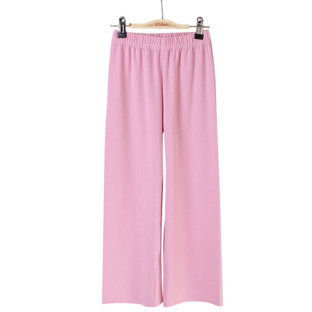 Kids Girls Plain Casual Pants Elastic Waist Loose Wide Leg Long Trousers Bottoms