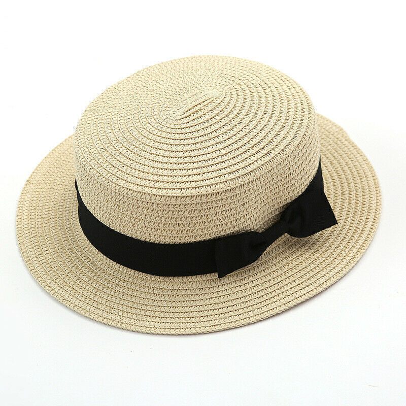 Womens Mens Straw Boater Sun Hat Wide Brim Beach Summer Panama Bow Knot Flat Cap