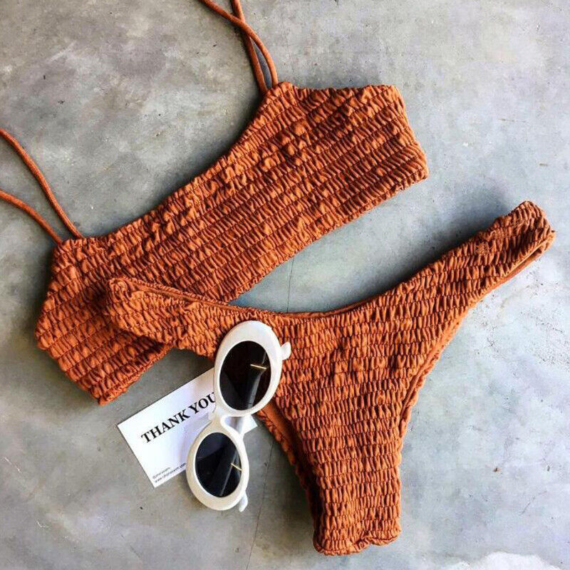 ﹒Women Brazilia Crinkle Bikini Set Bandage Swimwear Swimming Summer Bathing Suit
