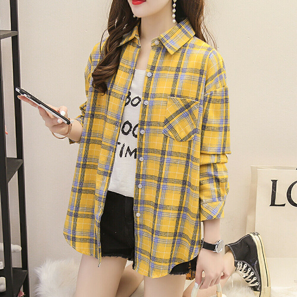 Womans Ladies Long Sleeve Check Blouse Plaid Shirt Button Casual Tops Plus Size