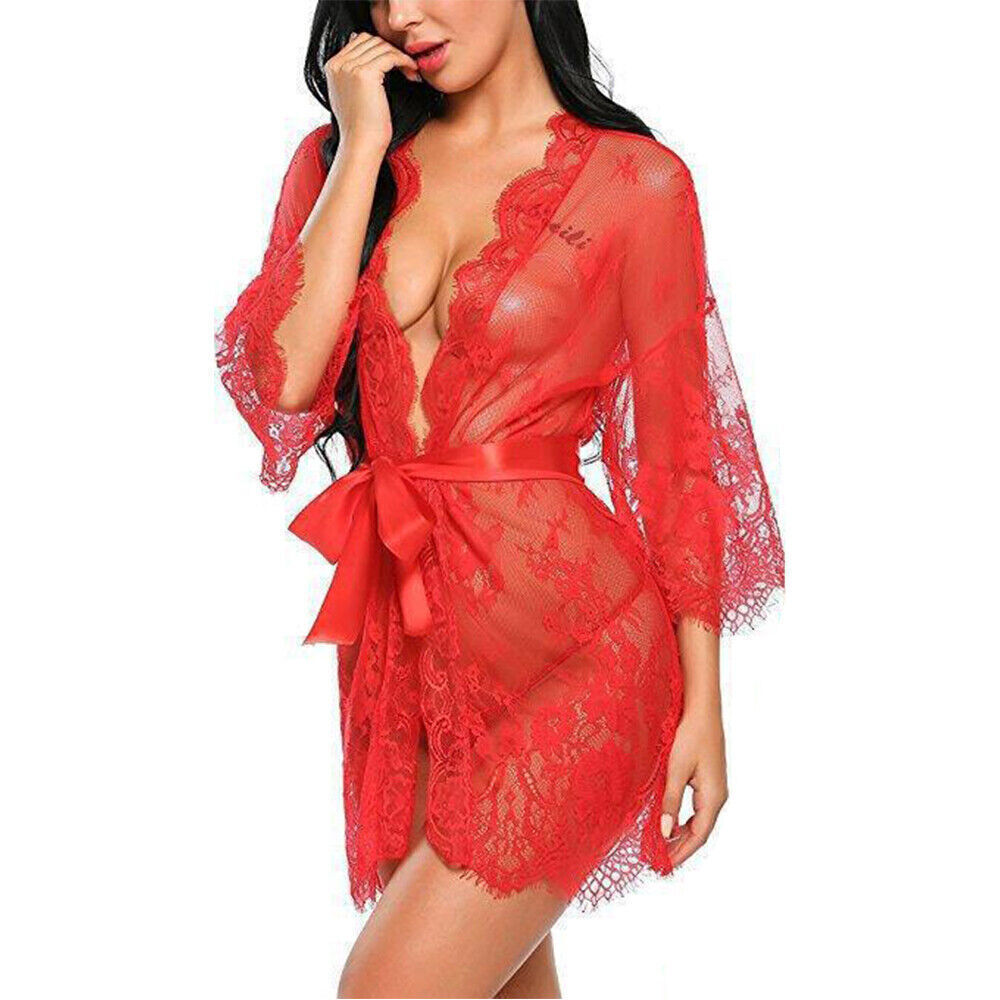 Womens Lace Kimono See Through Robe Ladies Sexy Lingerie Nightwear Dressing Gown