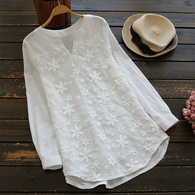 Women Long Sleeve Blouse T-Shirt Cotton Linen Kaftan Top Pullover Plus Sizes