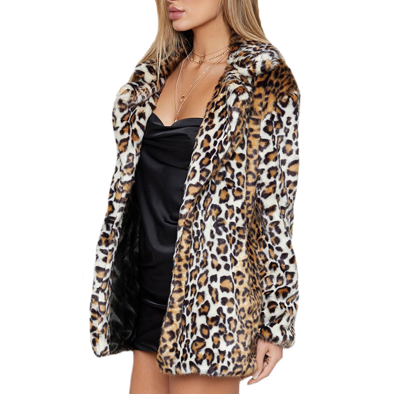 Women Ladies Coats Leopard Print Coat Suit Collar Faux Fur Long Sleeve ...